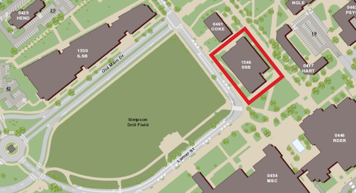 map showing location of Student Services Building adjacent to Simpson Drill Field on Houston St.